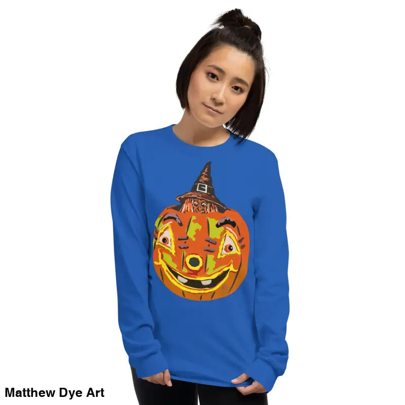 Blue long-sleeved Pumpkin Witch men’s shirt featuring a whimsical pumpkin graphic