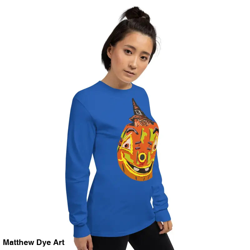 Blue long-sleeved Pumpkin Witch Men’s shirt featuring a whimsical pumpkin graphic