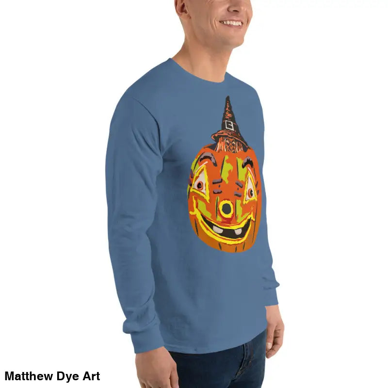 Blue long-sleeved shirt featuring a whimsical pumpkin graphic for Pumpkin Witch Men’s style