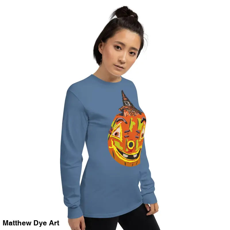 Blue long-sleeved shirt featuring whimsical pumpkin graphic, Pumpkin Witch Men’s design