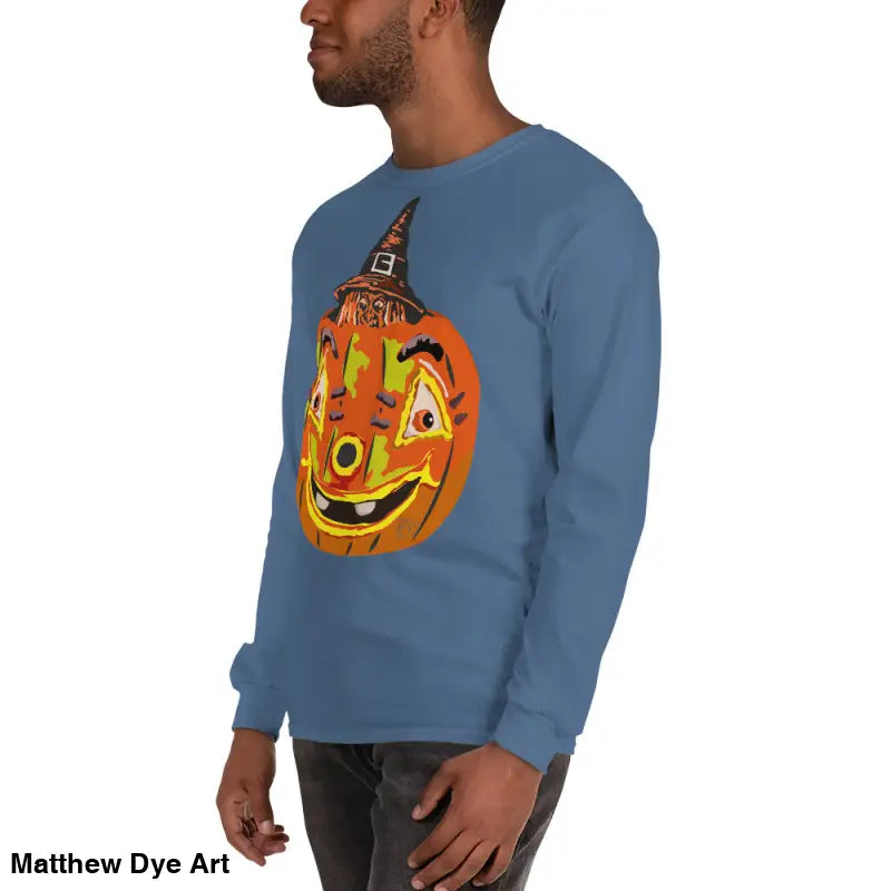 Blue long-sleeved shirt featuring whimsical pumpkin graphic for Pumpkin Witch Men’s style