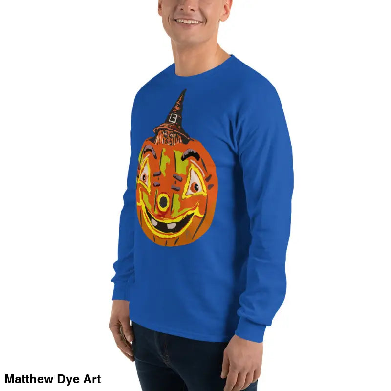 Blue long-sleeved shirt featuring whimsical pumpkin graphic for Pumpkin Witch Men’s collection
