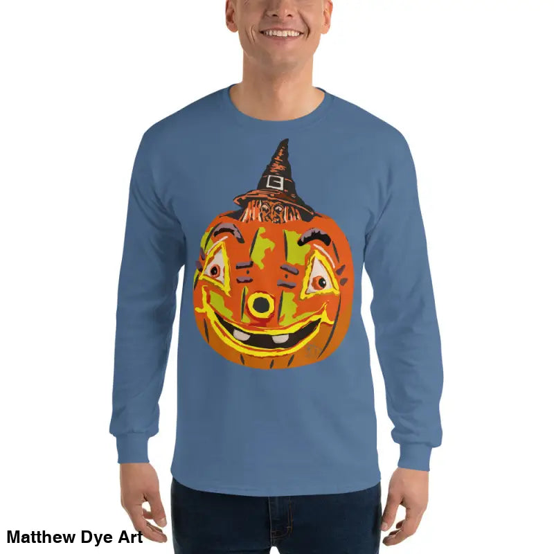 Blue long-sleeved Pumpkin Witch Men’s shirt featuring a whimsical pumpkin graphic