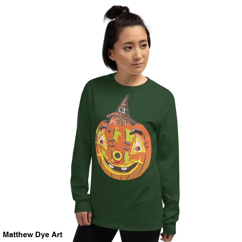 Green long-sleeved Pumpkin Witch Men’s Shirt featuring whimsical pumpkin graphic