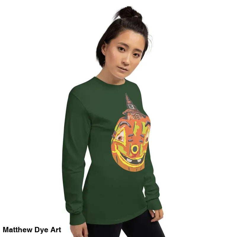Green long-sleeved shirt featuring whimsical pumpkin graphic for Pumpkin Witch Men’s collection