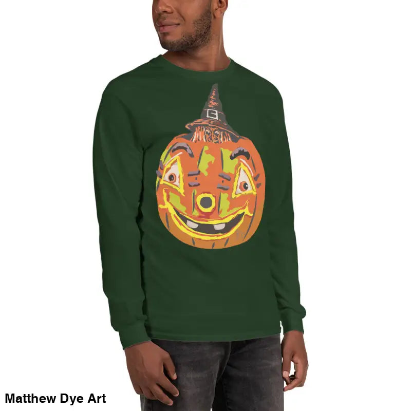 Green long-sleeved shirt featuring whimsical pumpkin graphic for Pumpkin Witch men’s apparel