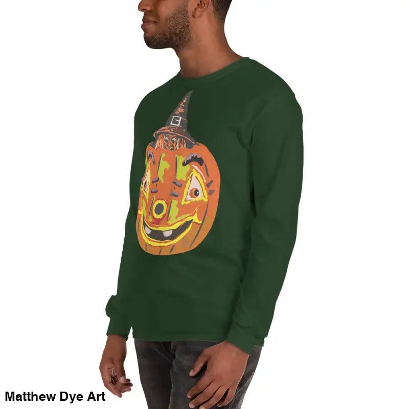 Green long-sleeved shirt featuring whimsical pumpkin graphic for Pumpkin Witch Men’s fashion