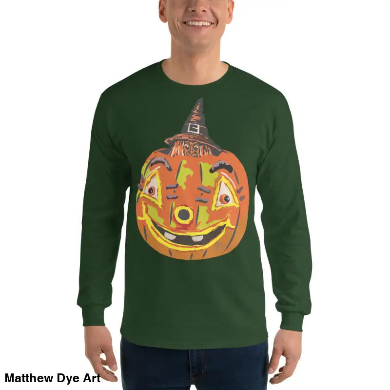 Green long-sleeved Pumpkin Witch Men’s shirt featuring a whimsical pumpkin graphic
