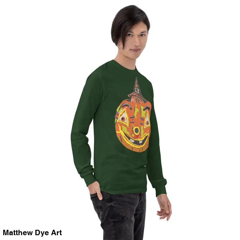 Green long-sleeved Pumpkin Witch men’s shirt featuring a whimsical pumpkin graphic