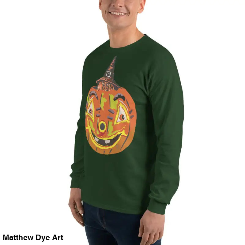 Green long-sleeved Pumpkin Witch Men’s Shirt featuring a whimsical pumpkin graphic