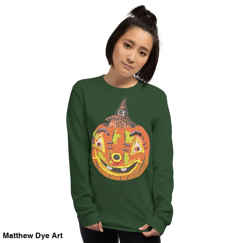 Green long-sleeved shirt featuring whimsical pumpkin graphic for pumpkin witch men’s attire