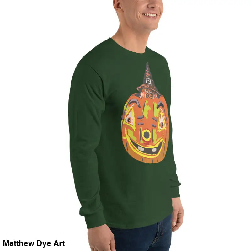 Green long-sleeved Pumpkin Witch Men’s shirt with whimsical pumpkin graphic design