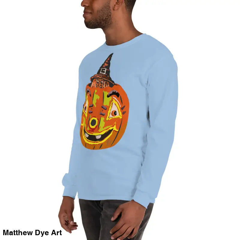 Light blue long-sleeved shirt featuring whimsical pumpkin graphic for Pumpkin Witch Men’s style