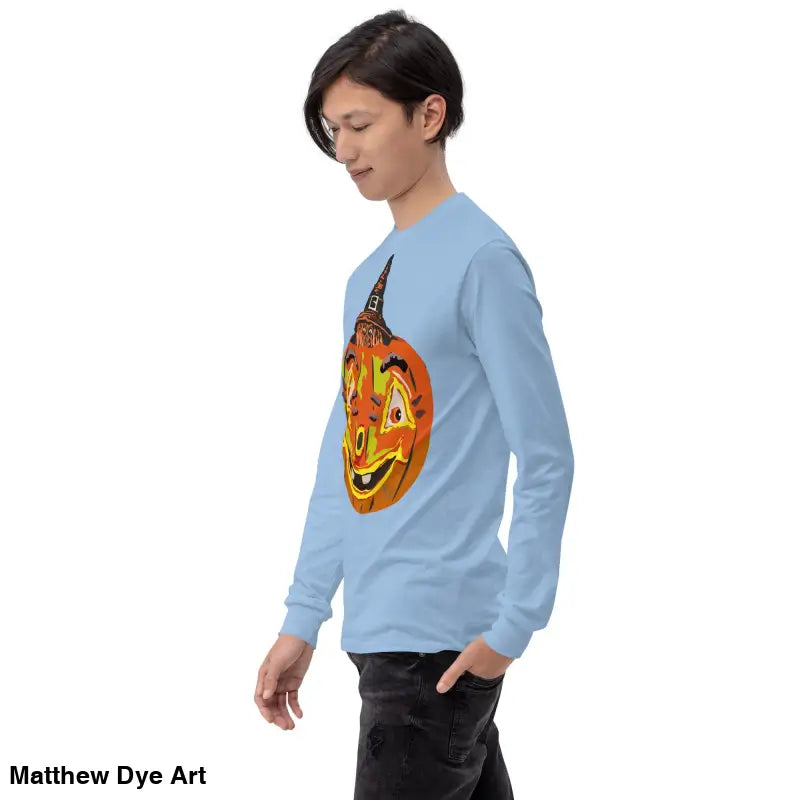 Light blue long-sleeved shirt featuring whimsical pumpkin graphic for Pumpkin Witch Men’s style