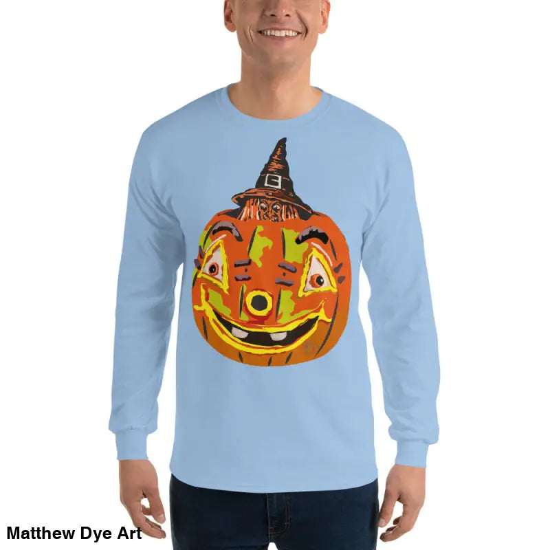Light blue long-sleeved Pumpkin Witch men’s shirt featuring whimsical pumpkin graphic