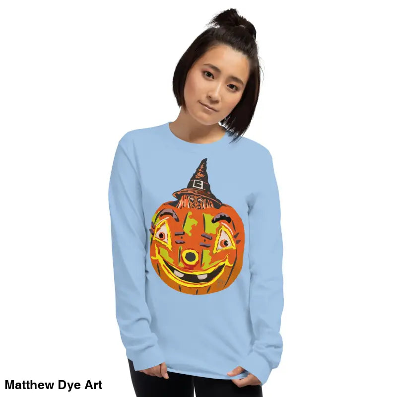 Light blue long-sleeved shirt featuring whimsical pumpkin graphic for stylish pumpkin witch men’s apparel