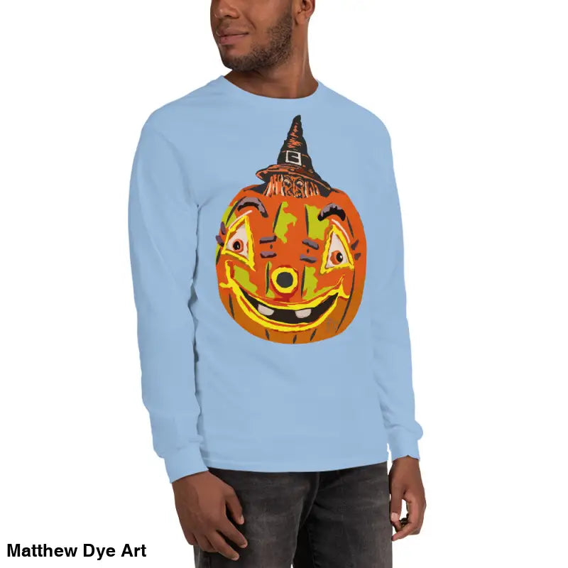 Light blue long-sleeved shirt featuring a whimsical pumpkin graphic for Halloween