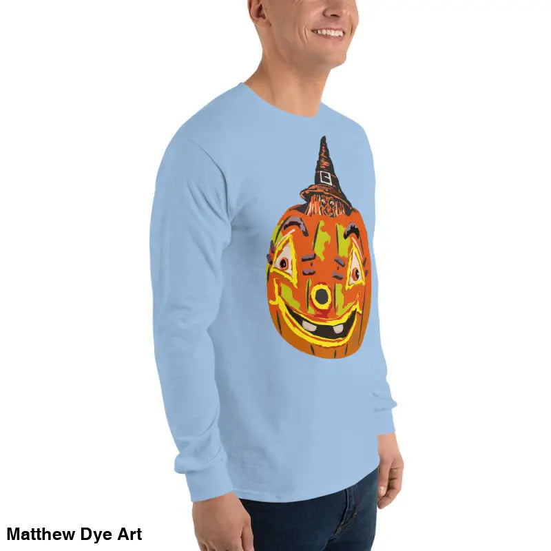 Light blue long-sleeved shirt featuring whimsical pumpkin graphic for Pumpkin Witch Men’s style
