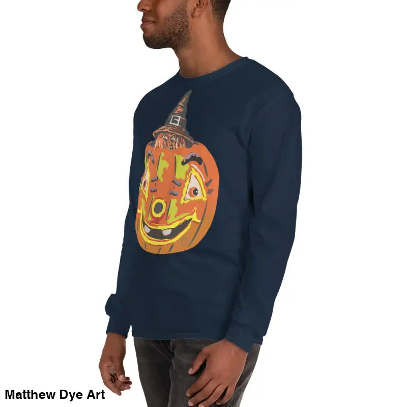 Navy long-sleeved shirt featuring a whimsical pumpkin witch design for men’s Halloween style