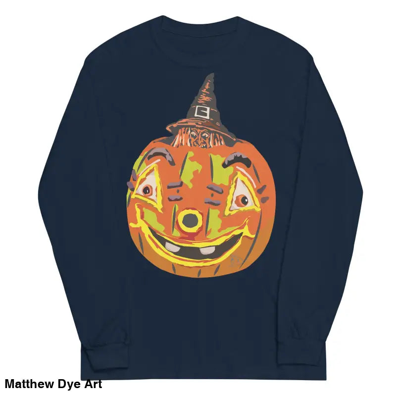 Navy long-sleeved shirt featuring whimsical pumpkin graphic from Pumpkin Witch Men’s collection