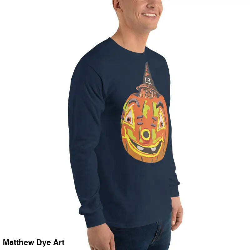 Navy long-sleeved Pumpkin Witch men’s shirt featuring a whimsical pumpkin graphic