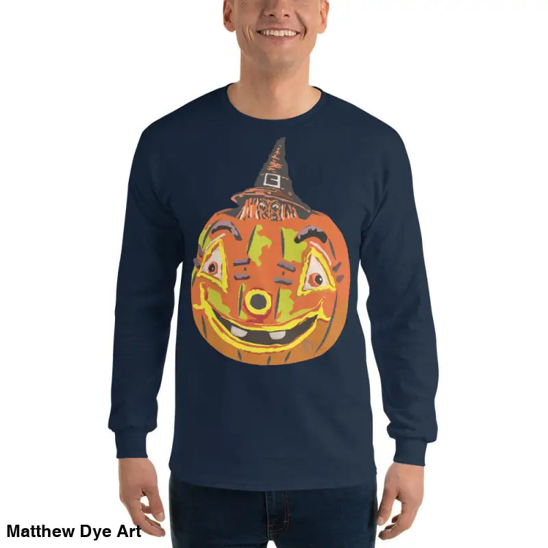 Navy long-sleeved shirt featuring whimsical pumpkin graphic from Pumpkin Witch Men’s collection