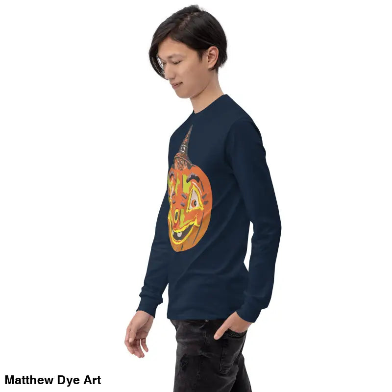Navy long-sleeved shirt featuring whimsical pumpkin graphic for Pumpkin Witch Men’s style