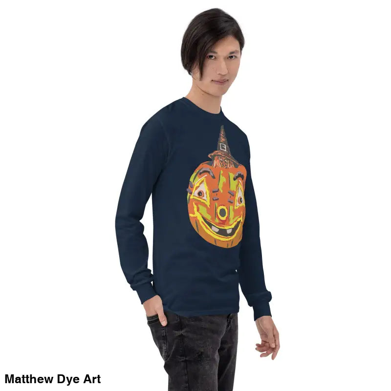 Navy long-sleeved Pumpkin Witch Men’s shirt featuring a whimsical pumpkin graphic