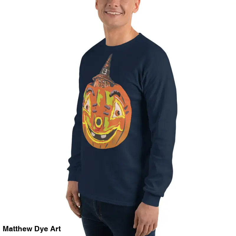 Navy long-sleeved Halloween shirt featuring a whimsical pumpkin witch design