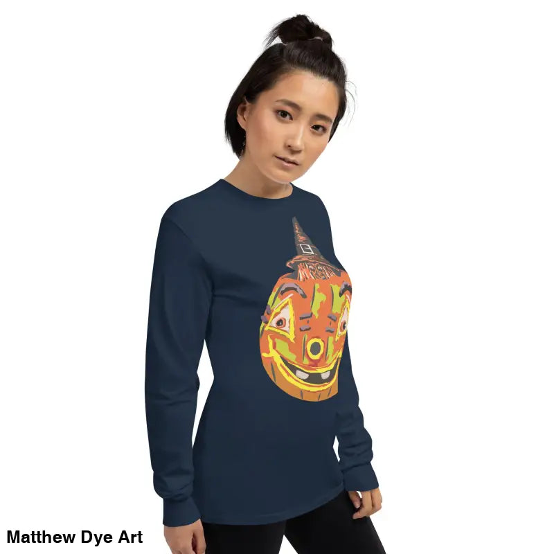 Navy long-sleeved shirt featuring whimsical pumpkin graphic from Pumpkin Witch Men’s collection