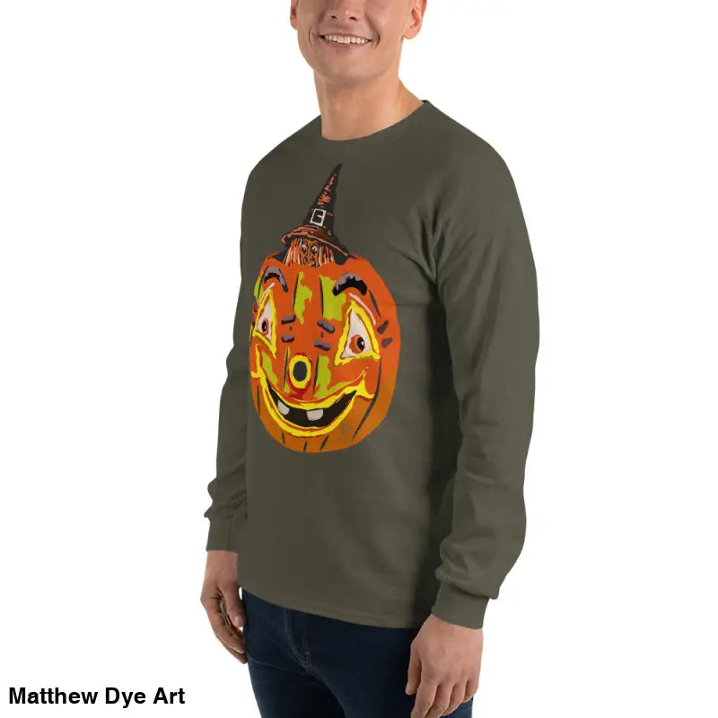 Olive green long-sleeved Pumpkin Witch Men’s shirt featuring a whimsical pumpkin graphic