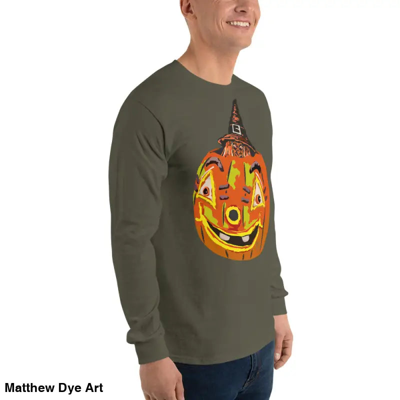 Olive green long-sleeved shirt featuring whimsical pumpkin graphic for pumpkin witch men’s style
