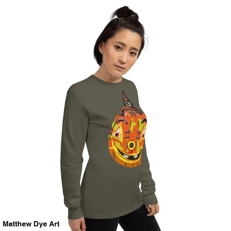 Olive green long-sleeved shirt featuring whimsical pumpkin graphic from Pumpkin Witch Men’s