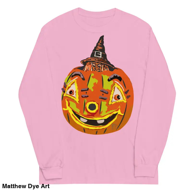 Pink long-sleeved Pumpkin Witch men’s shirt featuring a whimsical pumpkin graphic