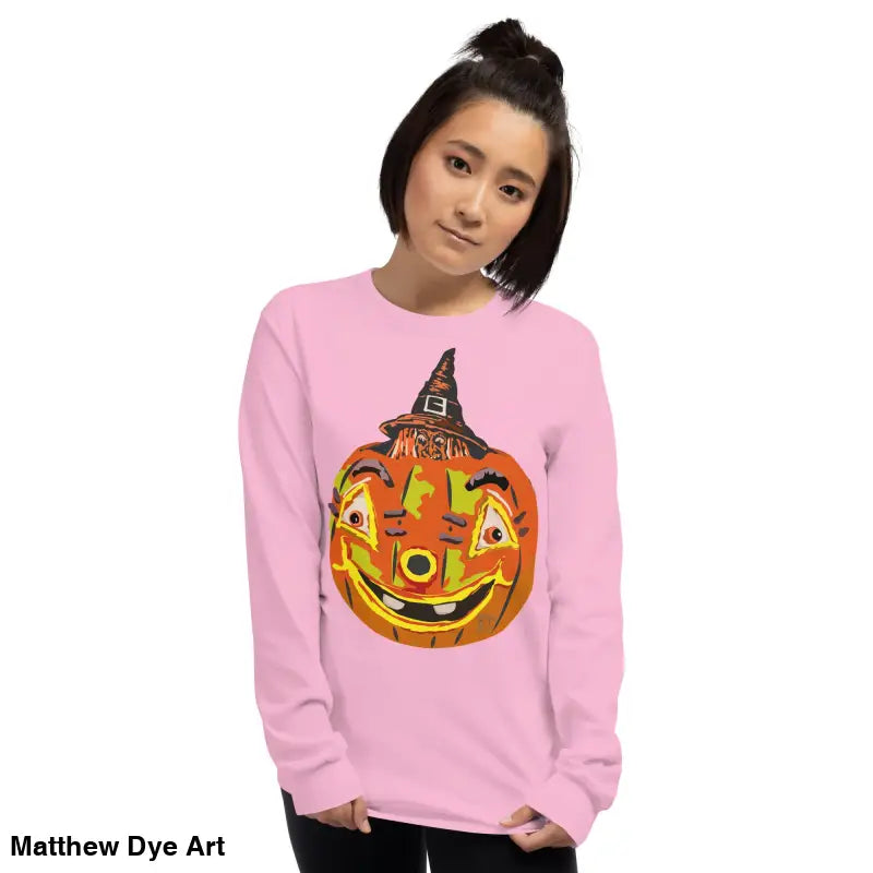 Pink long-sleeved shirt featuring whimsical pumpkin graphic from Pumpkin Witch Men’s collection