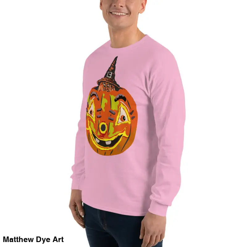 Pink long-sleeved Pumpkin Witch Men’s shirt featuring a whimsical pumpkin graphic