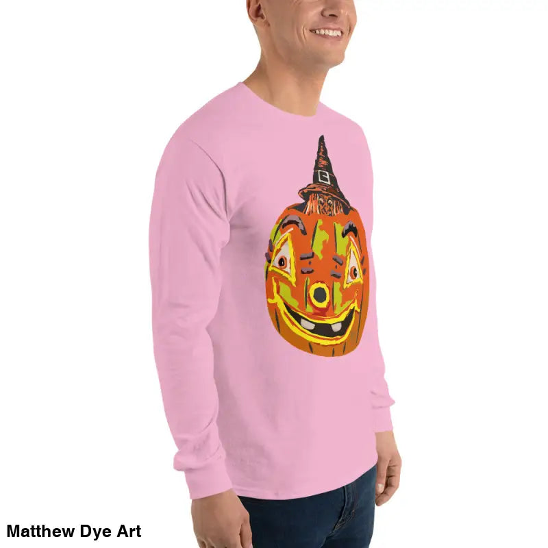 Pink long-sleeved shirt featuring whimsical pumpkin graphic for Pumpkin Witch Men’s apparel