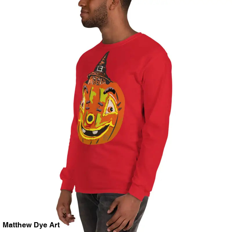 Red long-sleeved Pumpkin Witch Men’s shirt for a whimsical Halloween celebration
