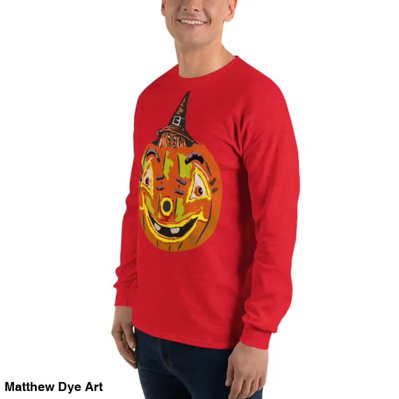 Red long-sleeved Pumpkin Witch Men’s Shirt featuring whimsical pumpkin graphic design