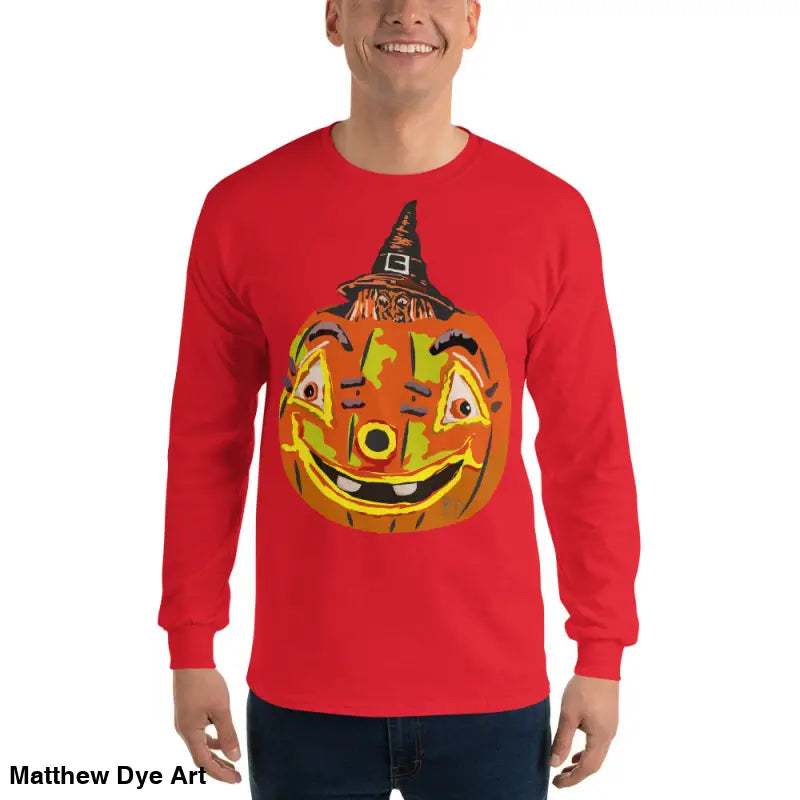 Red long-sleeved Pumpkin Witch Men’s Shirt featuring a whimsical pumpkin graphic