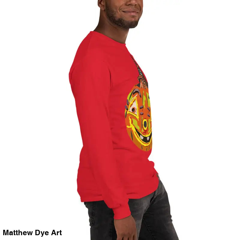 Red long-sleeved shirt featuring whimsical pumpkin graphic, Pumpkin Witch Men’s style