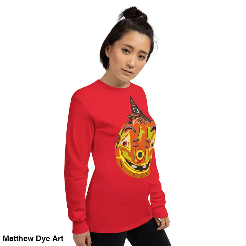 Red long-sleeved Pumpkin Witch Men’s shirt featuring a whimsical pumpkin graphic