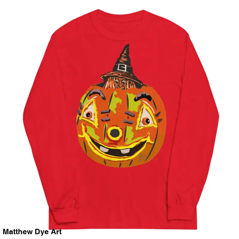 Red long-sleeved Pumpkin Witch Men’s shirt featuring a whimsical pumpkin graphic