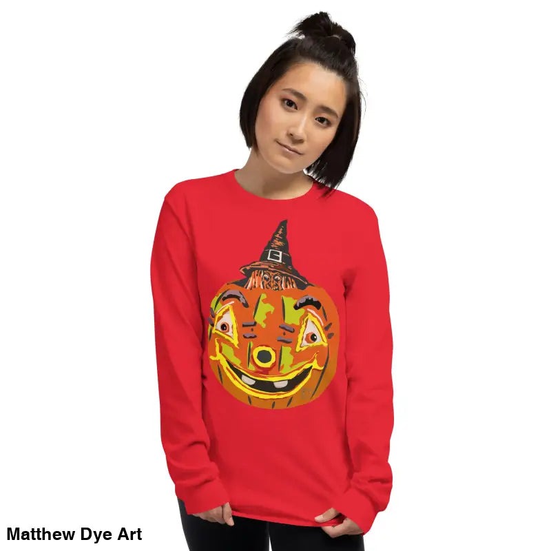 Red long-sleeved Halloween shirt featuring a whimsical pumpkin witch design for men