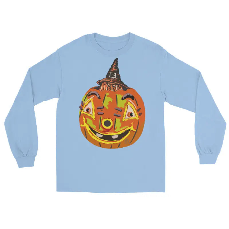 Light blue long-sleeved Pumpkin Witch men’s shirt featuring a whimsical pumpkin graphic