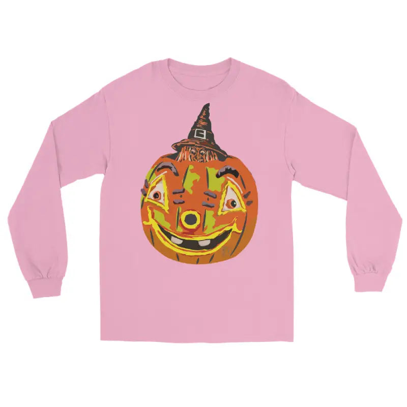Pink long-sleeved shirt featuring a whimsical pumpkin graphic from Pumpkin Witch Men’s collection