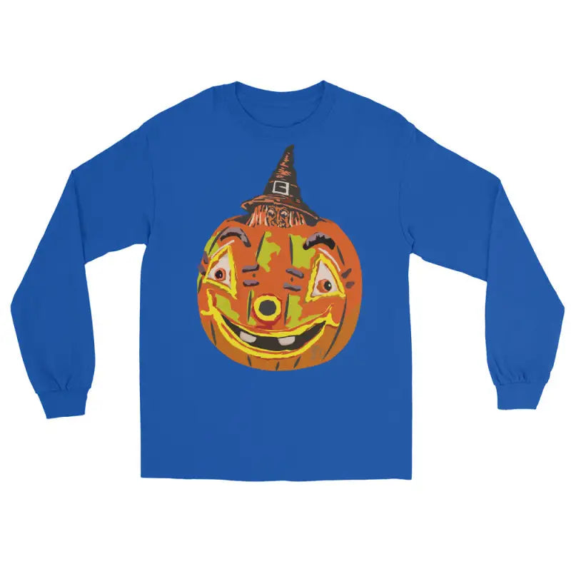 Blue long-sleeved Pumpkin Witch Men’s shirt featuring a whimsical pumpkin graphic