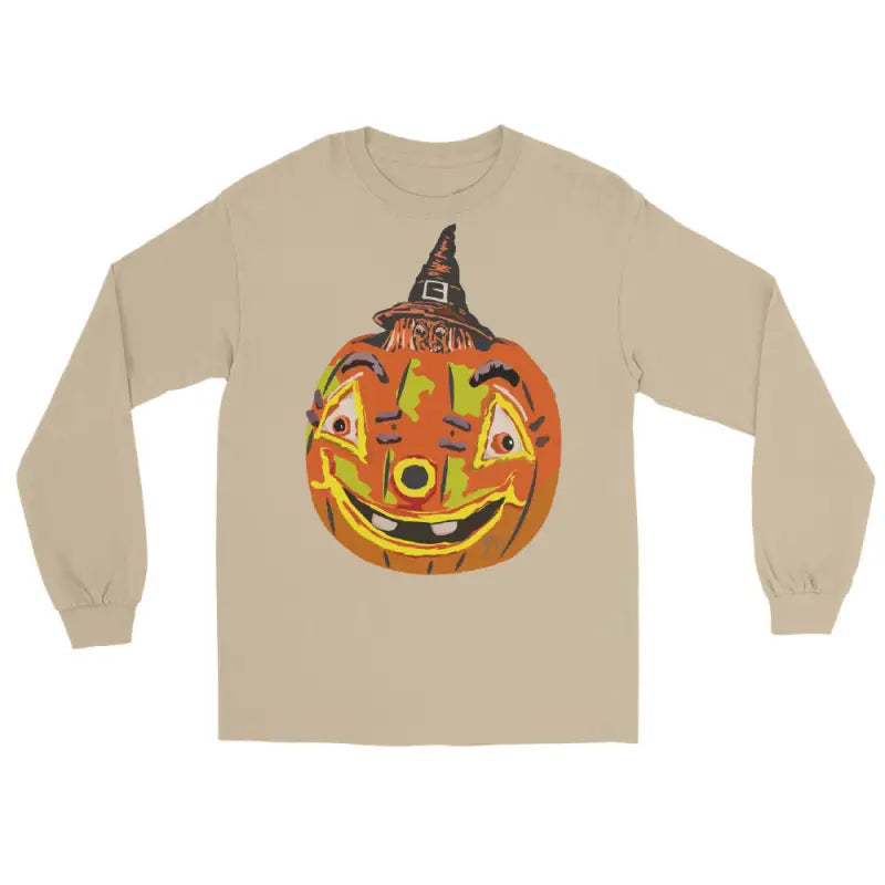 Beige long-sleeved Pumpkin Witch Men’s shirt featuring a whimsical pumpkin graphic