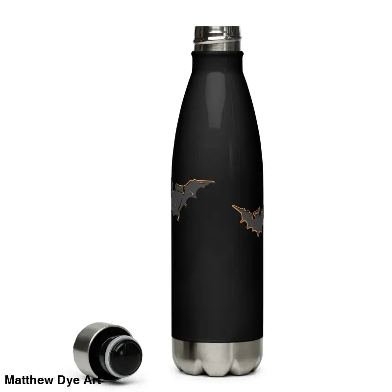 Black 17 oz Stainless Steel Water Bottle featuring Pumpkin Witch and bat designs for Halloween adventures