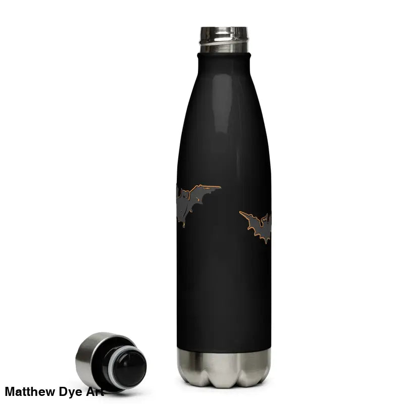Black 17 oz Stainless Steel Water Bottle featuring Pumpkin Witch and bat designs for Halloween adventures